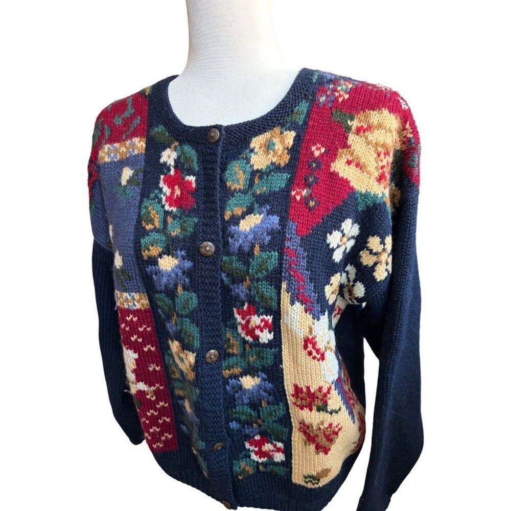 Vintage Talbots Hand Knit 100% Wool Flowers Cardigan Large Cottage Core Floral - Picture 5 of 6